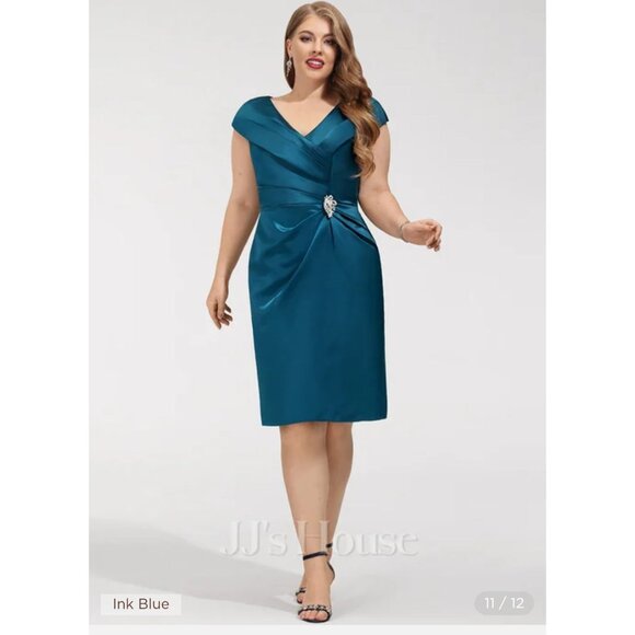 Navy Satin Off Shoulder Cocktail Dress / Party Dress Side Clip Detail - NWT JJs